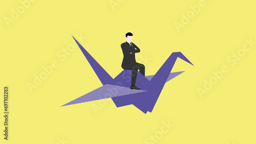 Confident businessman thinking and sitting with arms crossed on a paper bird. Business strategy, success, leadership, and innovation concepts in minimal design and vibrant color. Vector illustration.