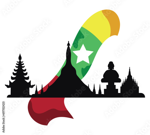 myanmar bagan temples and flag