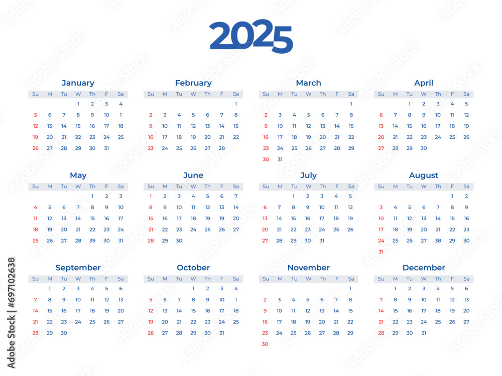 2025 calendar vector template. Week Starts on Sunday Stock Vector ...