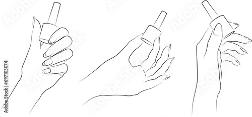 Hands holding nailpolish bottle. Set of three illustrations. Minimalistic line art  