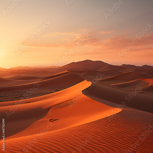 Desert panorama. Sunrise over sand dunes. 3d render  A stunning sunset over sand dunes  Captivating desert landscape during golden hour  Beautiful sand dunes in the Sahara Desert  A vast desert landsc