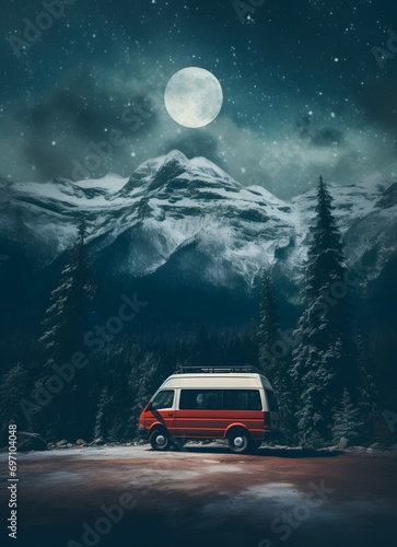 camping mini bus van with snowy mountains with beautiful sky at night © DailyLifeImages