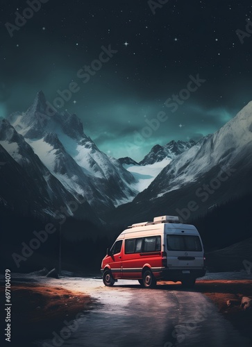 camping mini bus van with snowy mountains with beautiful sky at night © DailyLifeImages