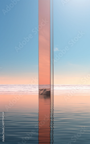 The vertical glass pane offers a slice of the ocean's tranquility, capturing the serene transition from day to night. peach fuzz