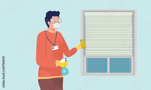 Window Cleaning work, Custodian, Janitor doing cleaning job, School cleaning work