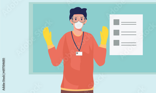 Wearing a Google safety mask and gloves for cleaning at school, Safety training at school and office
