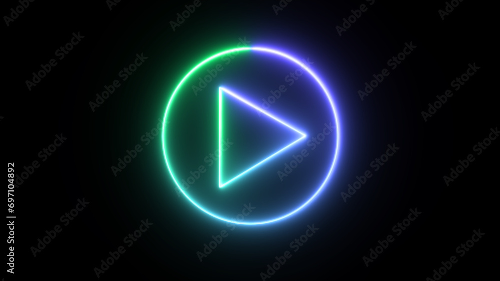 Glowing neon music or video play button on black background. play circular button neon icon. neon sound pause or play arrow button symbol icon. Simple icon for websites, web design, mobile app - obrazy, fototapety, plakaty 