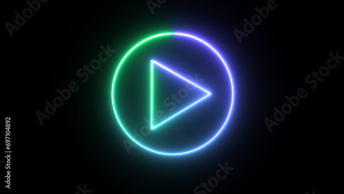 Glowing neon music or video play button on black background. play circular button neon icon. neon sound pause or play arrow button symbol icon. Simple icon for websites, web design, mobile app