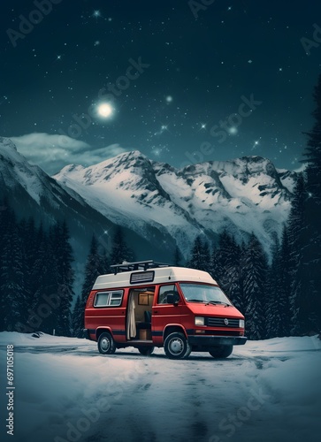 camping mini bus van with snowy mountains with beautiful sky at night