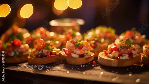 Closeup of a colorful array of appetizers, including bruschetta and shrimp tail, laid out on a platter for the guests to indulge in at the Moonlit Waterfront Dinner. photo