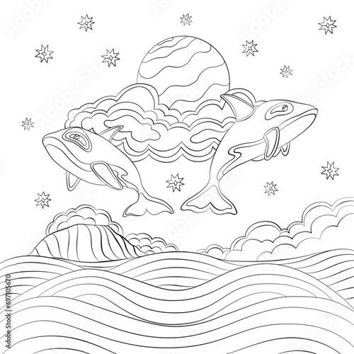 Orcas in the sky line art design.