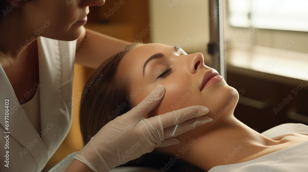 A modern beauty salon setting with a doctor cosmetologist carefully examining the face of a woman client during a skincare examination A modern beauty salon setting with a doctor cosmetologist carefully examining the face of a woman client during a skincare examination