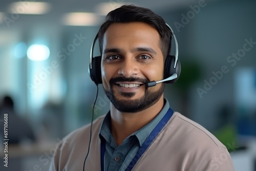 Male Indian contract service representative telemarketing operator smiling to camera. Happy man call center agent or salesman wearing headset working in customer support office. Close up portrait.