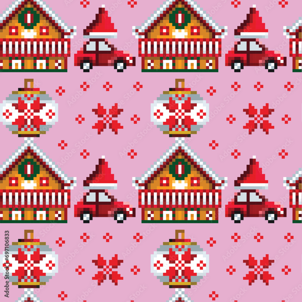 seamless pattern of christmas balls and house with pink background for christmas souvenirs for printing on products