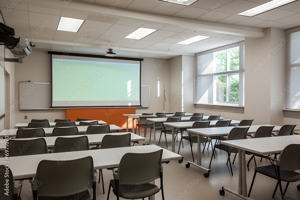 a modern classroom interior with chairs and a projector screen