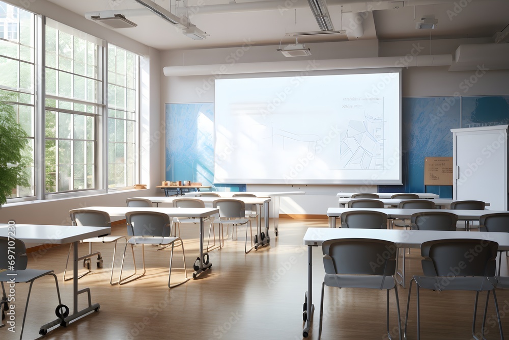 a modern classroom interior with chairs and a projector screen