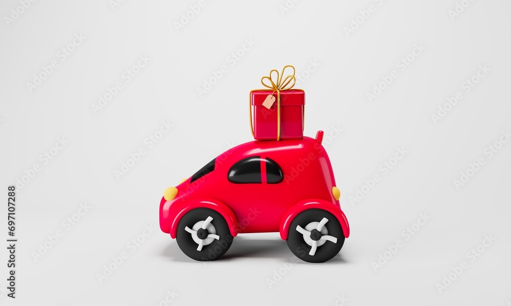 3d gift box on the red car.3d illustration.	