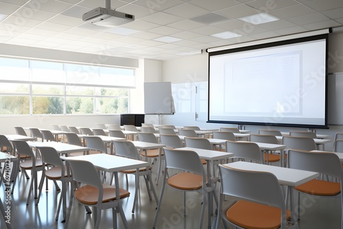 a modern classroom interior with chairs and a projector screen