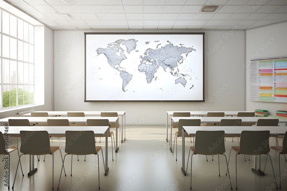 a modern classroom interior with chairs and a projector screen - obrazy, fototapety, plakaty 