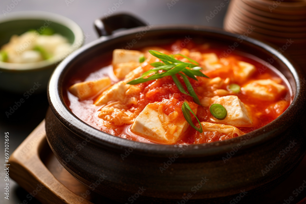 Sundubu Jjigae, a Korean spicy soft tofu stew, is served. (Generative AI)