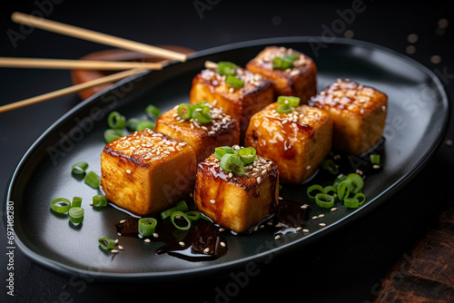Sweet soy-grilled tofu served on a plate. (Generative AI)