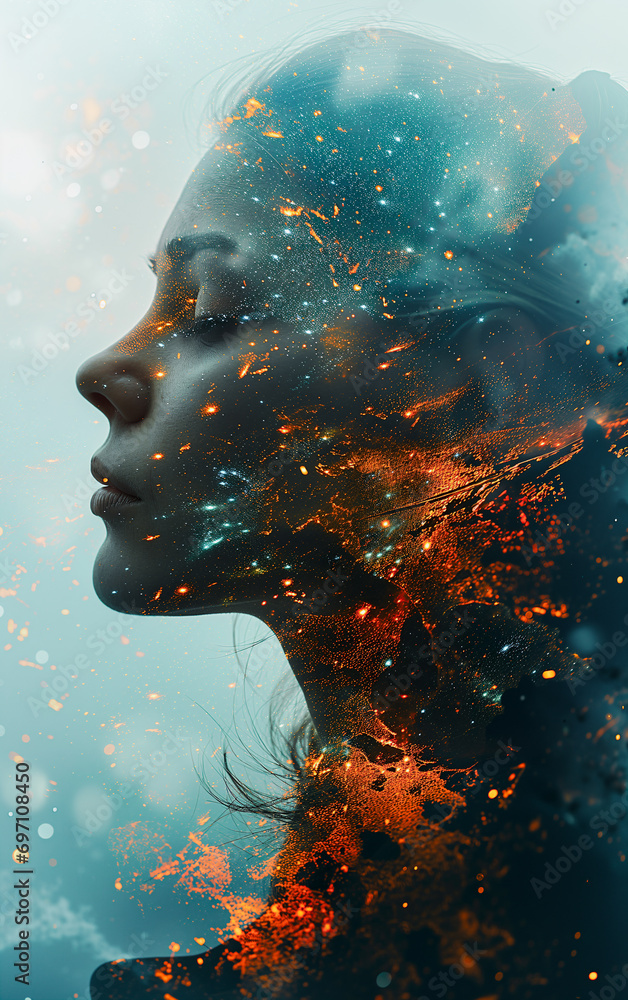 Double exposure photo, woman and universe/cloud blend together,galaxy, nebula,human and nature, peace of mind,abstract mentation,meditation,contemplative,philosophy,universe, seaside, silhouett