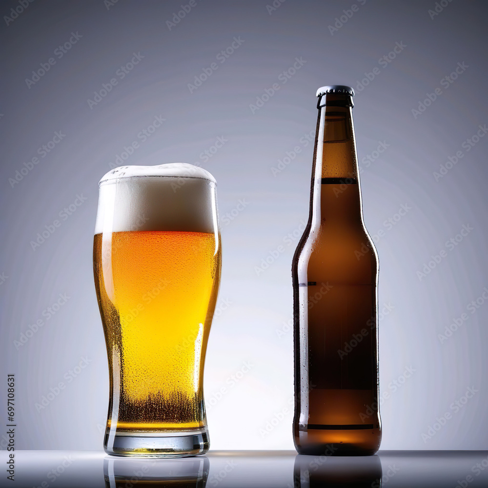 Fotografía de estudio vaso de cerveza y botellín de cerveza 