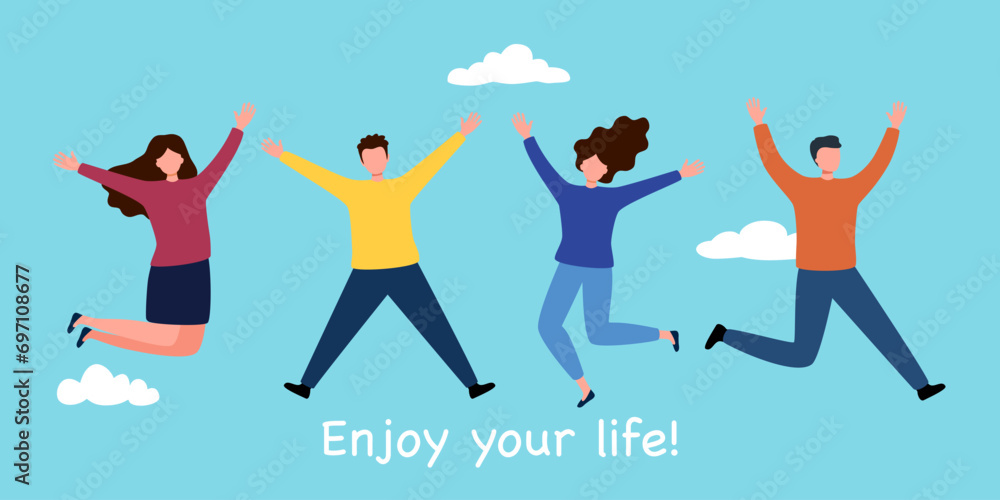 Young people jumping on blue sky background. Happy male and female teenagers celebrate their success. Enjoy your life.