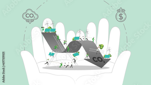 ESG sustainability policy in hand. Carbon credit calculate from reduce carbon footprint and carbon dioxide to carbon offset. CO2 grapg in Hand.