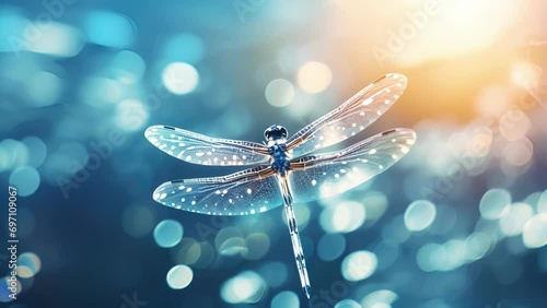 Closeup of a dragonfly hovering above the waters surface, its iridescent wings catching the moons radiance. photo