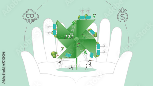 ESG sustainability policy in hand. Carbon credit calculate from reduce carbon footprint and carbon dioxide to carbon offset. Turbine paper in Hand.