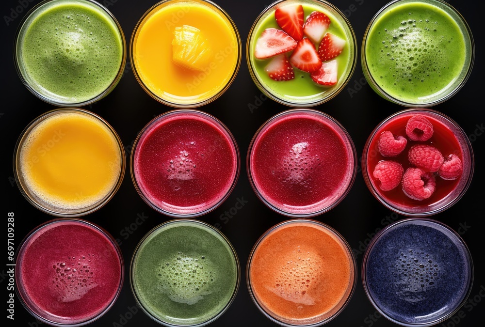 A group of cups filled with different colored drinks A group of cups filled with different colored drinks