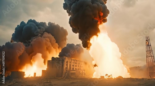 Devastating Conflict: Bomb Blasts, Tanks, Razed Buildings, Warfare photo