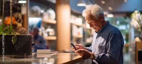 A contented customer, a mature Asian man, smiles while choosing a mobile phone in a store