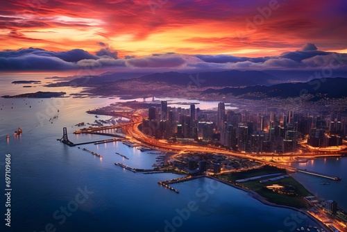 top view of a coastal city skyline with tall sky scrapper buildings