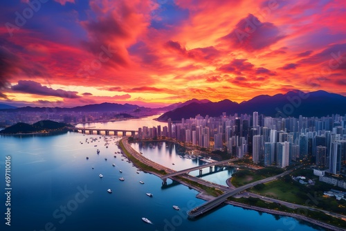 top view of a coastal city skyline with tall sky scrapper buildings