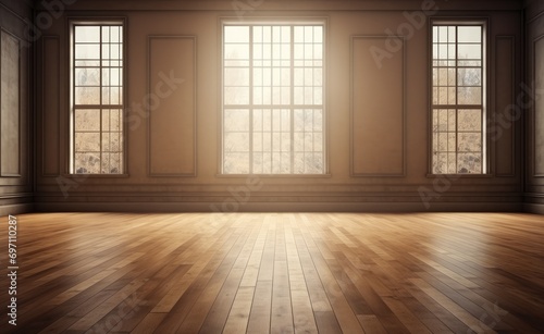 An empty room with wooden floors and windows