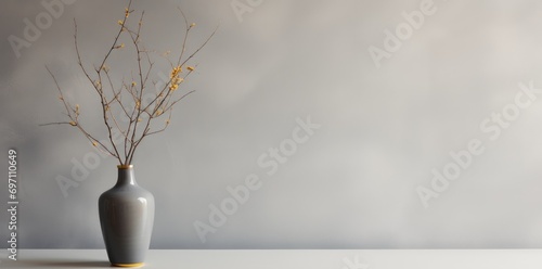 A gray vase with some yellow flowers in it