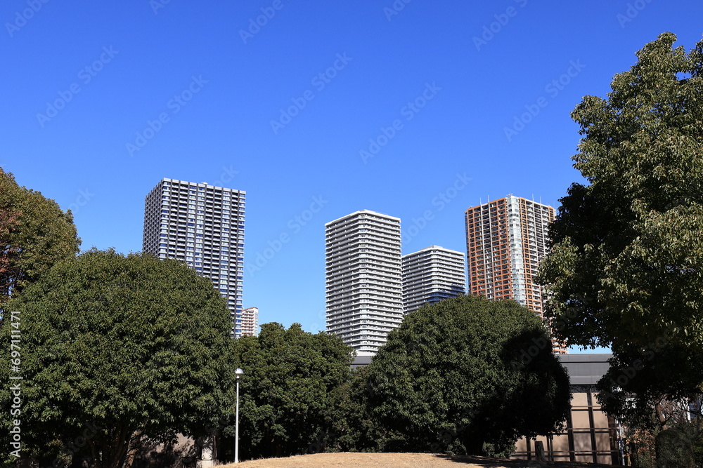 Fototapeta premium 晴れた青空と緑の木々越しに見える都会の高層マンション群