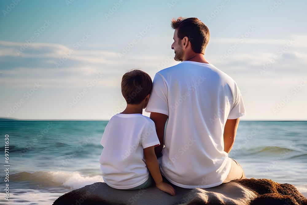 firefly young father with his son wearing white t shirt sitting on shore of sea or ocean rear view