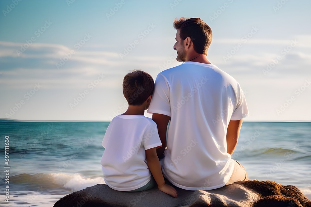 Fototapeta premium firefly young father with his son wearing white t shirt sitting on shore of sea or ocean rear view