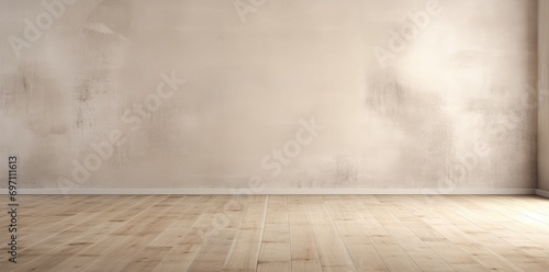 An empty room with a wooden floor and a white wall © pham