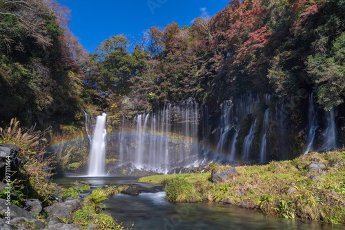 See Mount Fuji thru Shiraito Falls with rainbow in autumn  Shizuoka  Japan