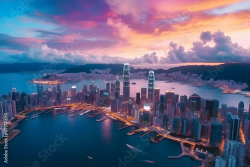 top view of a coastal city skyline with tall sky scrapper buildings