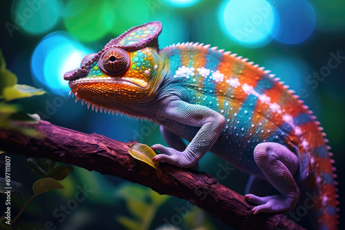 Colorful chameleon on a green bokeh background
