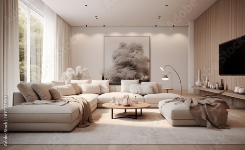 A living room with a large white couch © pham