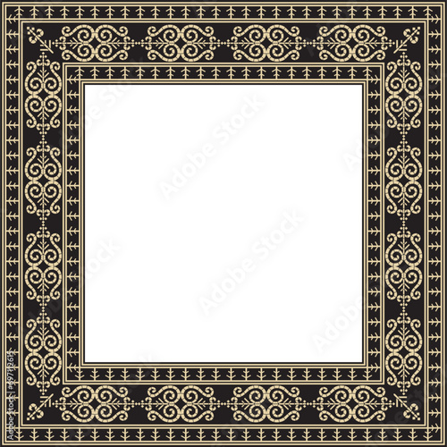 Vector golden and black square Yakut ornament. An endless rectangular border, a frame of the northern peoples of the Far East.