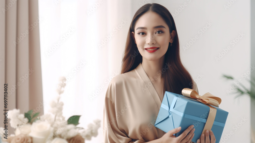 Happy and smiling Asian woman holding gift. Copy space for text. Happy and smiling Asian woman holding gift. Copy space for text.