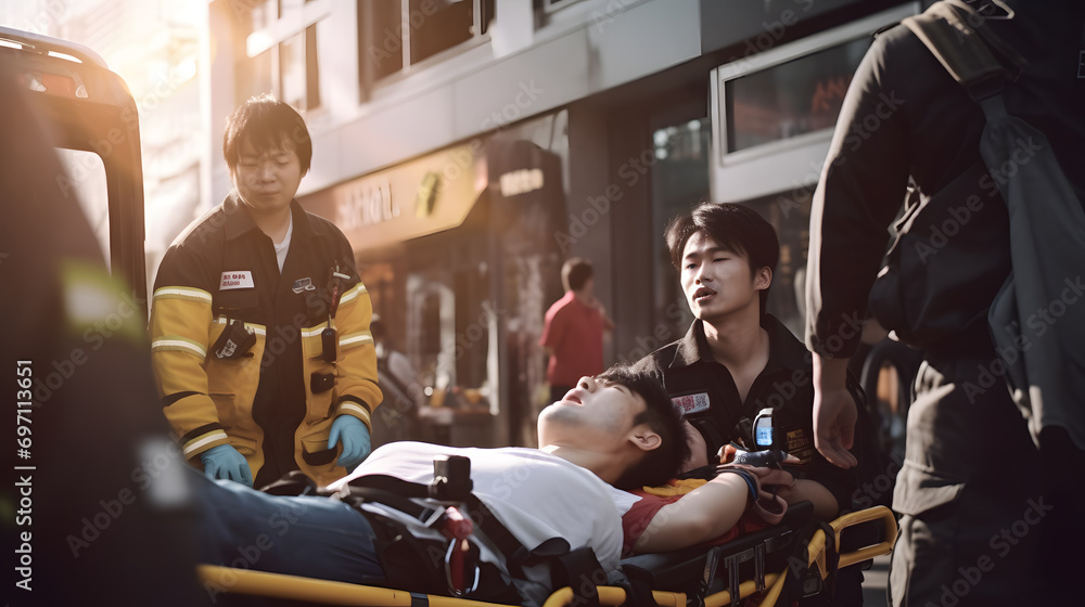 Team of Asian EMS Paramedics React Quick to Provide medical assistance to the injured patient and transport him in the ambulance using a stretcher. An emergency care assistant arrives at the scene.