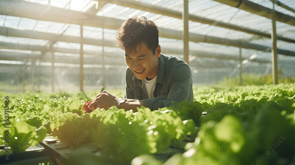 Photograph of Asian man growing organic vegetables in greenhouses, organic vegetable plots, green vegetables , daytime. Generative AI. Photograph of Asian man growing organic vegetables in greenhouses, organic vegetable plots, green vegetables , daytime. Generative AI.